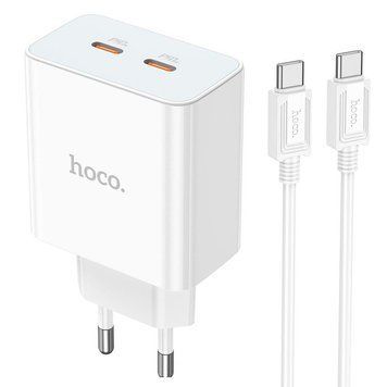 МЗП HOCO Type-C to Type-C Cable Leader dual port (2C) charger C108A |2Type-C, 35W/3A, PD/QC| (кабель Type-C) (UPD) White 2228 фото