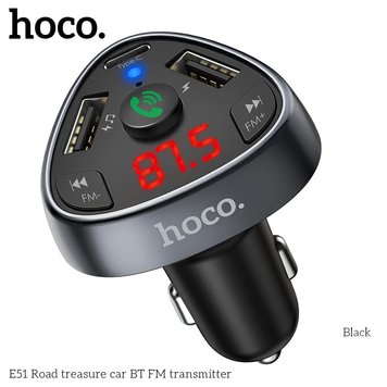 АЗП Hoco with Bluetooth FM Road treasure E51 |2USB/1Type-C, 18W/3A, QC/PD| (UPD) Black 2092 фото