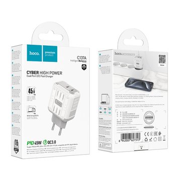 МЗП Hoco C137A Rock PD45W (2C) charger (MM) (white) 3364 фото