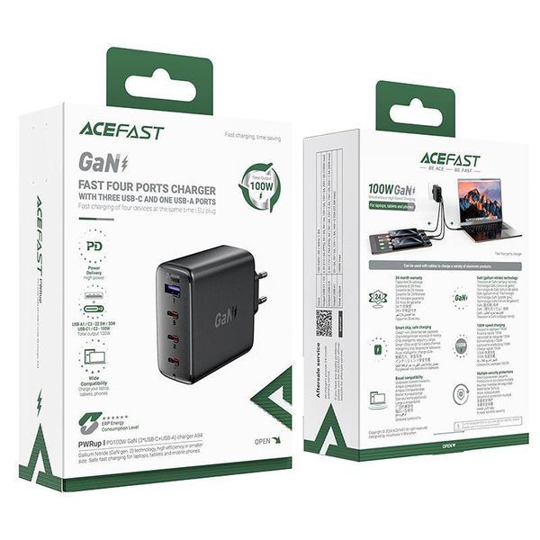 МЗП ACEFAST PD GaN charger A94 |3USB-C/1USB-A, 100W/3A, PD/QC| (UPD) (black) 7523 фото