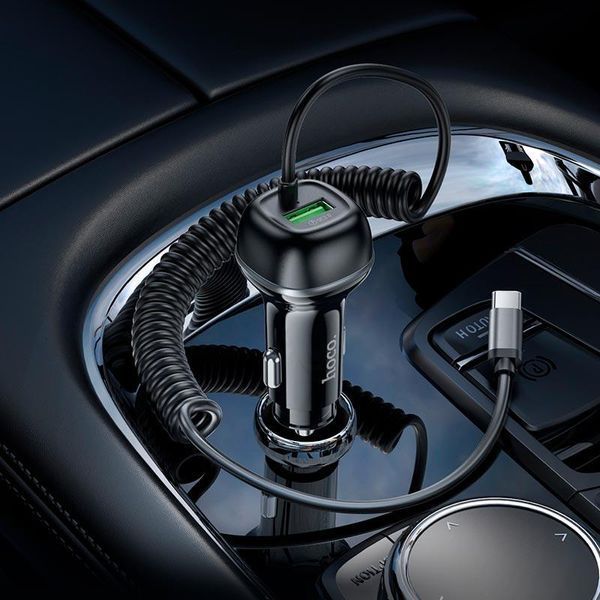Адаптер автомобильный HOCO Rank car charger Z58B (Type-C cable set) | 1Type-C, 48W/3A, PD30W/QC| (UPD) Black 7225 фото
