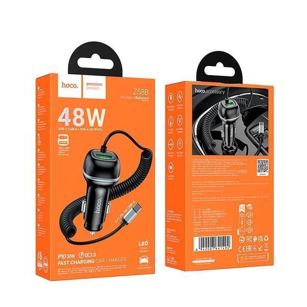 Адаптер автомобильный HOCO Rank car charger Z58B (Type-C cable set) | 1Type-C, 48W/3A, PD30W/QC| (UPD) Black 7225 фото