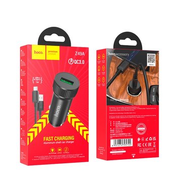 АЗП Hoco Type-C Cable Level single port Car charger Z49A |1USB, 18W, 3A, QC3.0| (UPD) Black 3156 фото