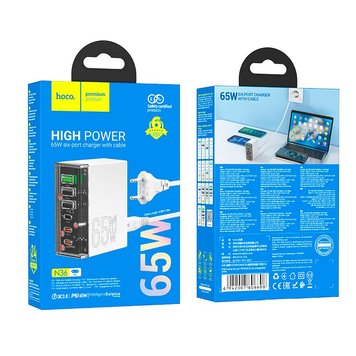 МЗП Hoco Fuerza six-port charger N36 |3USB/3Type-C, 65W/3A, PD/QC| (UPD) White 3200 фото