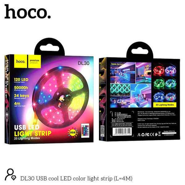 Стрічка на світлодіодах RGB HOCO USB cool LED color light strip DL30 |4M, 20RGB Mode, Remote| (UPD) Black 2195 фото