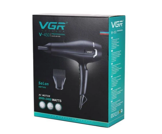 Фен профессиональный VGR V-450, Turbo function, 4 уровня обдува, 4 уровня температуры, 2 насадки, 2000-24000Вт (Bailong) 3389 фото