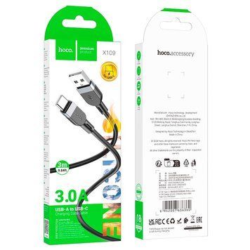 Кабель Hoco USB to Type-C Energy silicone charging data cable X109 |3m, 3A| (UPD) Black 5985 фото