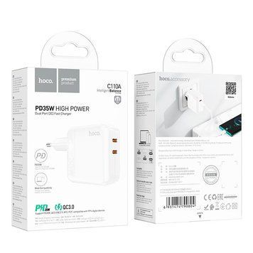 МЗП Hoco Lucky dual-port charger C110A 2Type-C, 35W/3A, PD/QC| (UPD) White 3177 фото