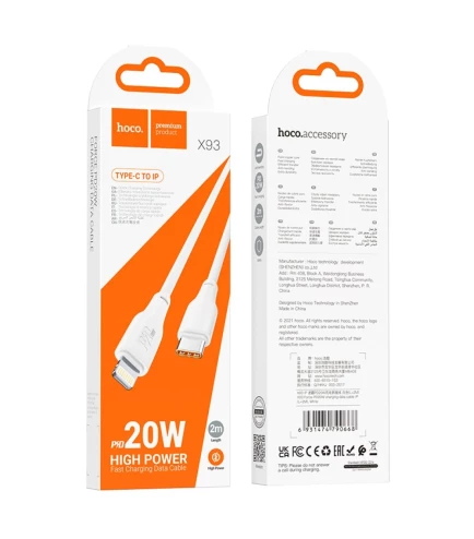 Кабель Hoco Type-C для освещения Force Fast Charging Data Cable X93 |2m, 20W| (UPD) white 7088 фото