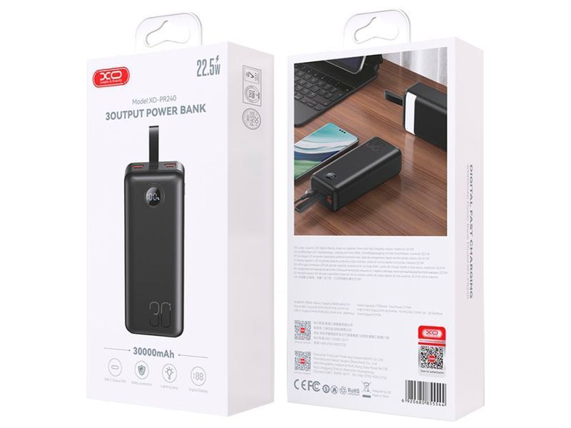 Портативна батарея XO PR240 PD22.5W dagatal display, light, 30000 mAh (LO) 7389 фото